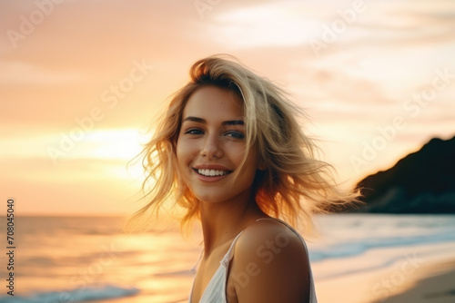 Young blonde woman smiling on the beach at sunset.