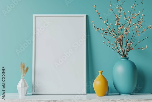 Wood side table, blue and mustard vase with twigs near blank mockup poster frame with copy space against turquoise wall. Scandinavian home interior design of modern living room