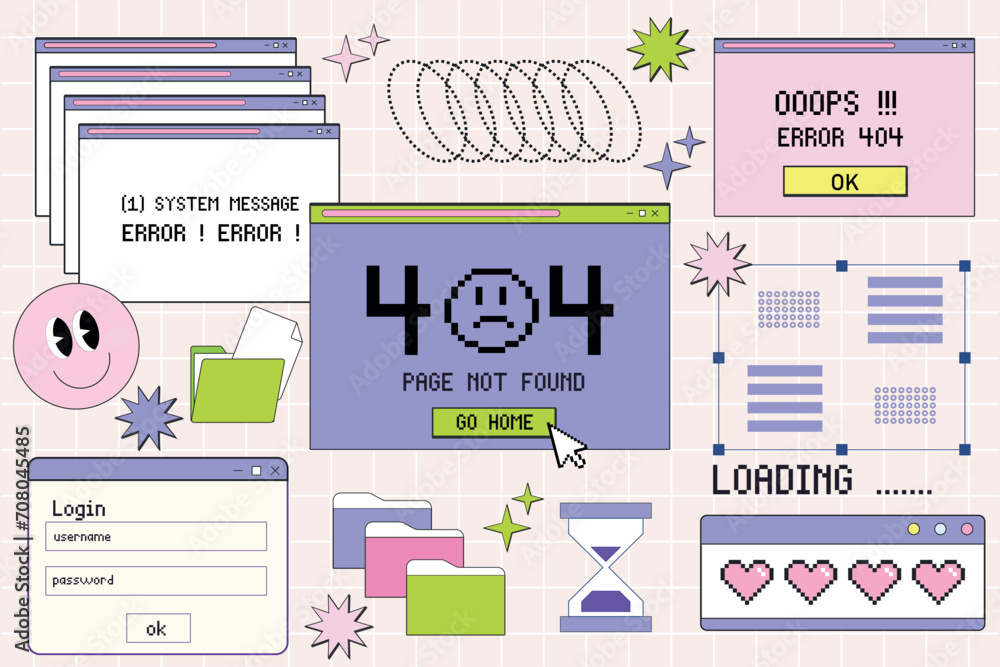 Old computer browser in 90s vaporwave style with smile face hipster stickers. Window, social media app templates. 80s 90s old computer UI elements and vintage aesthetic icons. 