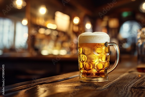 A golden mug of beer with foam on a wooden bar counter in a pub photo