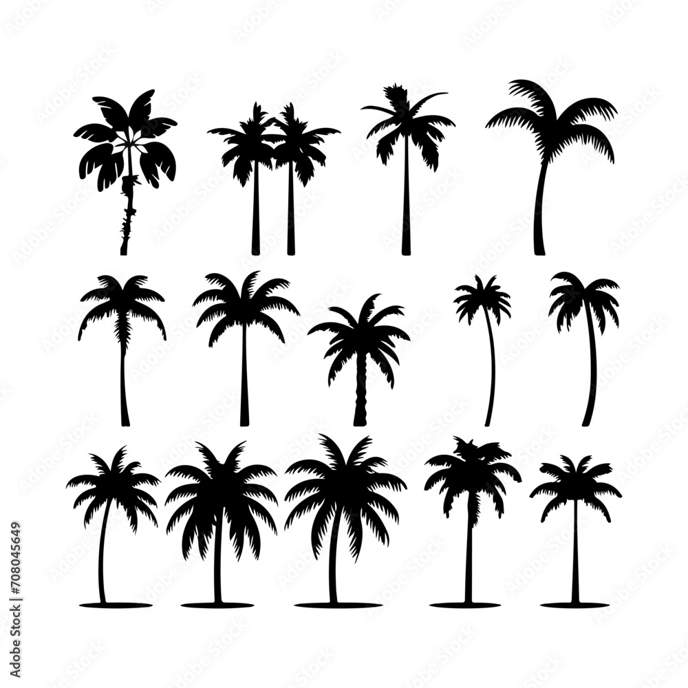 Black palm trees silhouette. Coconut tree set vector illustration on a white background

