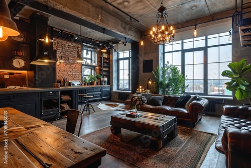 Loft de estilo industrial con decoración negra y muebles de cuero, apartamento de lujo en la ciudad photo