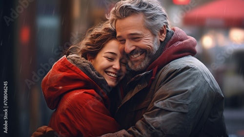 International Hug Day brings together strangers: an adult man and a girl laugh and hug warmly on the street.