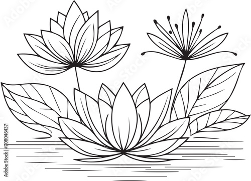 Single line drawing of beauty fresh waterlily for home wall art decor. Printable poster decorative waterlily flower concept. Modern line drawing waterlily flower design vector illustration
 photo