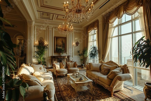 luxurious living room with elegant furniture and a sparkling chandelier.