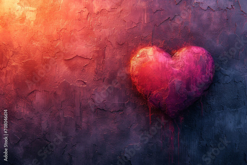 abstract Valentine's day background with a heart on a wall background with a rough concrete texture in bright colors pink and purple with space for text