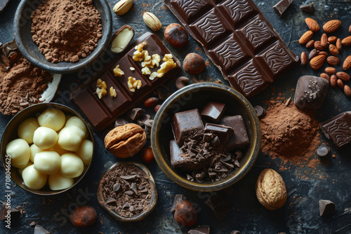 flat lay of dark chocolate, white, candies, nuts, beautiful background of sweets