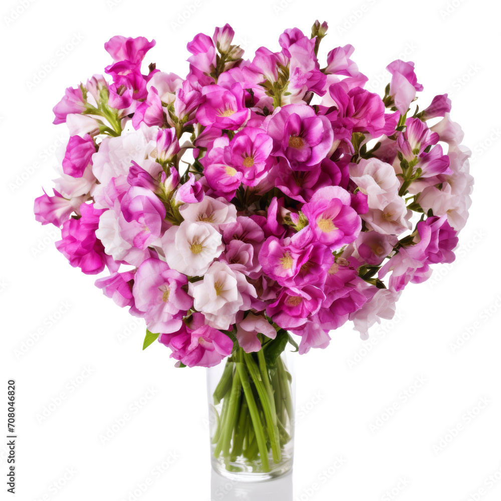 An arrangement of Matthiola (Stock) flowers in clear white glass vases signifies enduring beauty with purple and white blossoms. An arrangement of Matthiola (Stock) flowers in clear white glass vases signifies enduring beauty with purple and white blossoms.