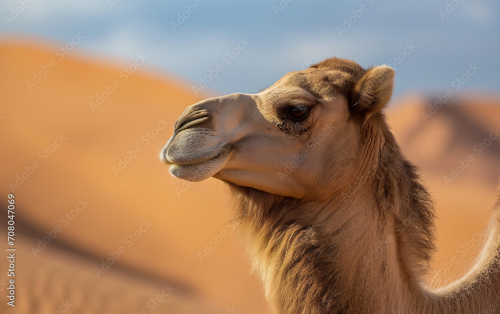 Obraz premium Close up face of camel in the desert. Generative AI