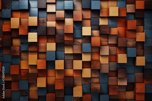 wall constructed entirely of wooden blocks. The blocks are arranged in an abstract pattern, creating a unique and artistic display