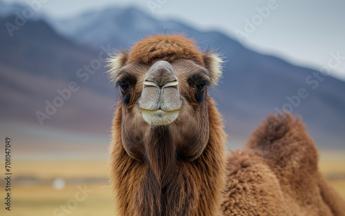 Close up face of camel in the desert.Front view. Generative AI