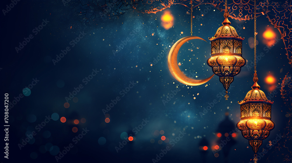 background themed ramadan month with hanging lantern and Crescent moon - obrazy, fototapety, plakaty 