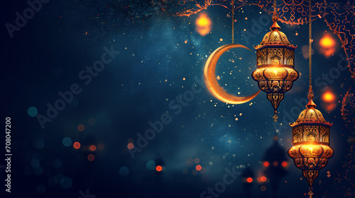 background themed ramadan month with hanging lantern and Crescent moon photo