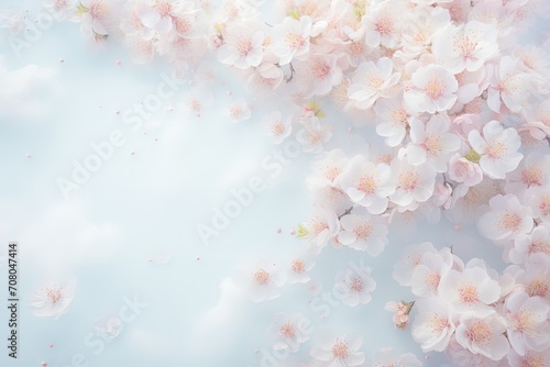 A collection of delicate pink flowers, their petals in full bloom, stand out vividly against a calming blue background. The contrast of colors creates a visually striking and serene image