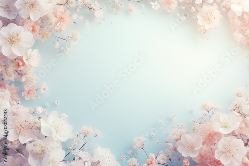 A serene blue background serves as the backdrop for elegant white and pink flowers  creating a harmonious and soothing visual display of natures beauty