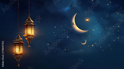 background themed ramadan month with hanging lantern and Crescent moon