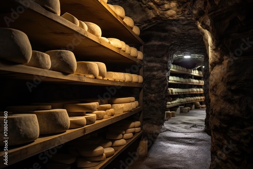 Rows of aged cheese wheels on wooden shelves in a dark, stone-walled cellar, illustrating cheese aging process.