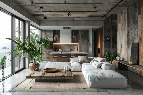 Minimalist modern living room interior design with rustic touches.