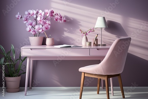 A stylish desk with a comfortable chair, a warm glowing lamp, and a beautiful vase of fresh flowers adding a touch of nature to the workspace