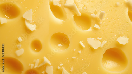Piece of cheese, yellow cheese with round holes close up macro texture background.