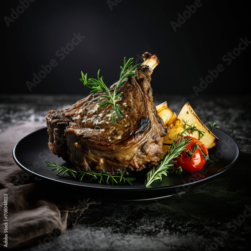 Double-cut lamb ribs on a ceramic plate. Crispy crust served with vegetables
cooked on the grill. Unusual background. Restaurant, homemade food. photo