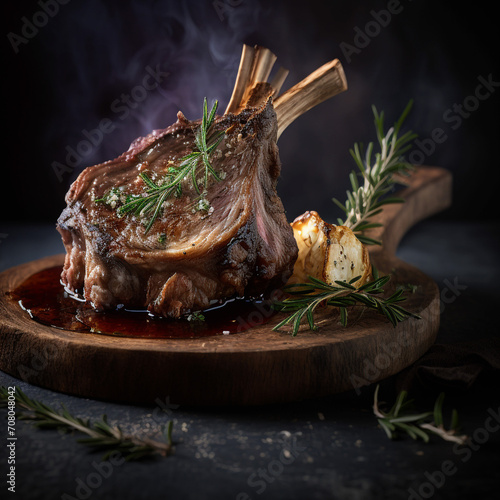 Double-cut lamb ribs on a ceramic plate. Crispy crust served with vegetables
cooked on the grill. Unusual background. Restaurant, homemade food. photo