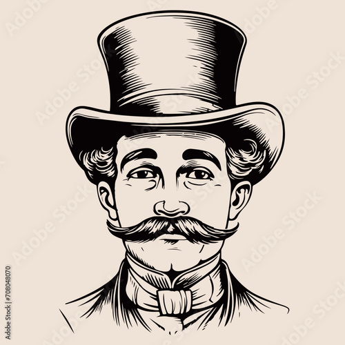 Portrait of an English gentleman with a mustache in a suit and top hat hand drawn sketch Illustration.