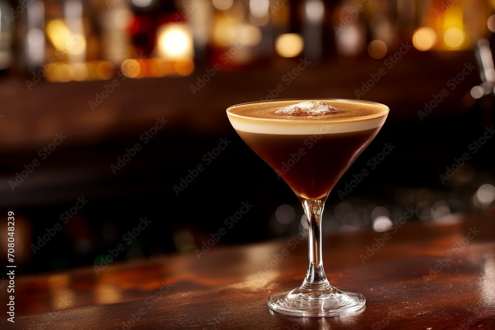 Espresso Martini cocktail with creamy top on the wooden bar counter against the cozy ambiance of bar Espresso Martini cocktail with creamy top on the wooden bar counter against the cozy ambiance of bar
