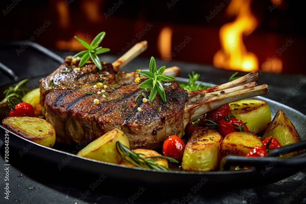 Double-cut lamb ribs on a ceramic plate. Crispy crust served with vegetables
cooked on the grill. Unusual background. Restaurant, homemade food.