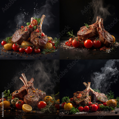 Double-cut lamb ribs on a ceramic plate. Crispy crust served with vegetables
cooked on the grill. Unusual background. Restaurant, homemade food. photo