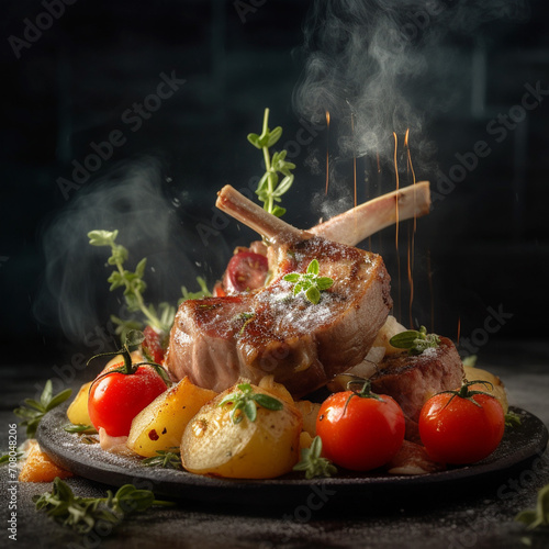 Double-cut lamb ribs on a ceramic plate. Crispy crust served with vegetables
cooked on the grill. Unusual background. Restaurant, homemade food. photo