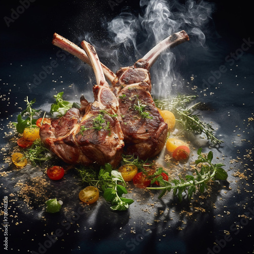 Double-cut lamb ribs on a ceramic plate. Crispy crust served with vegetables
cooked on the grill. Unusual background. Restaurant, homemade food. photo