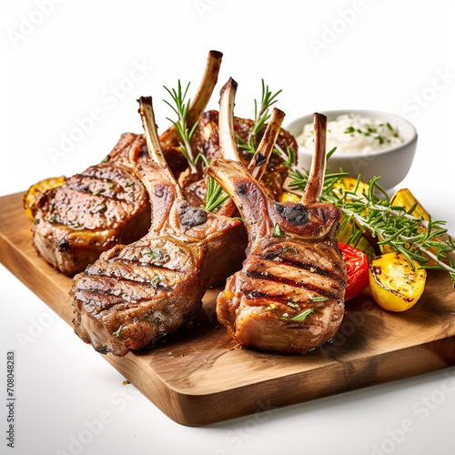 Double-cut lamb ribs on a ceramic plate. Crispy crust served with vegetables
cooked on the grill. Unusual background. Restaurant, homemade food. photo