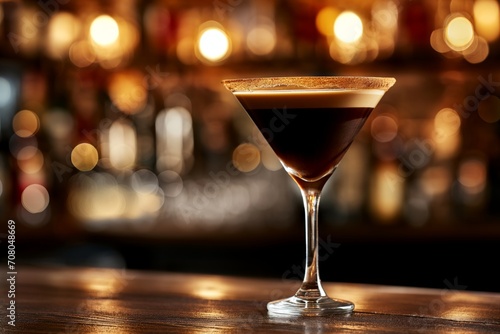 Espresso Martini cocktail with creamy top on the wooden bar counter against the cozy ambiance of bar