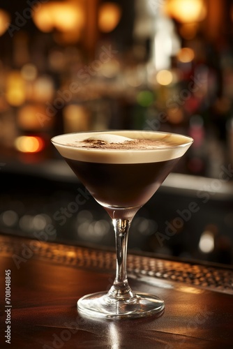 Wallpaper Mural Espresso Martini cocktail with creamy top on the wooden bar counter against the cozy ambiance of bar Torontodigital.ca