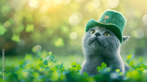 Cute British shorthair cat wearing St. Patrick's Day cat looking up in clover field with copy space, St Patrick Day cards, celebration background.