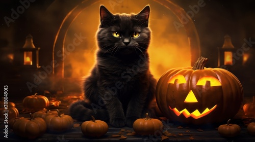 Mysterious black cat beside a glowing carved pumpkin on a dark Halloween night.