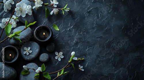 burning candles on the table, flowers, Cosmetic oil, massage stones in a spa salon on a dark background, relaxing, copy space