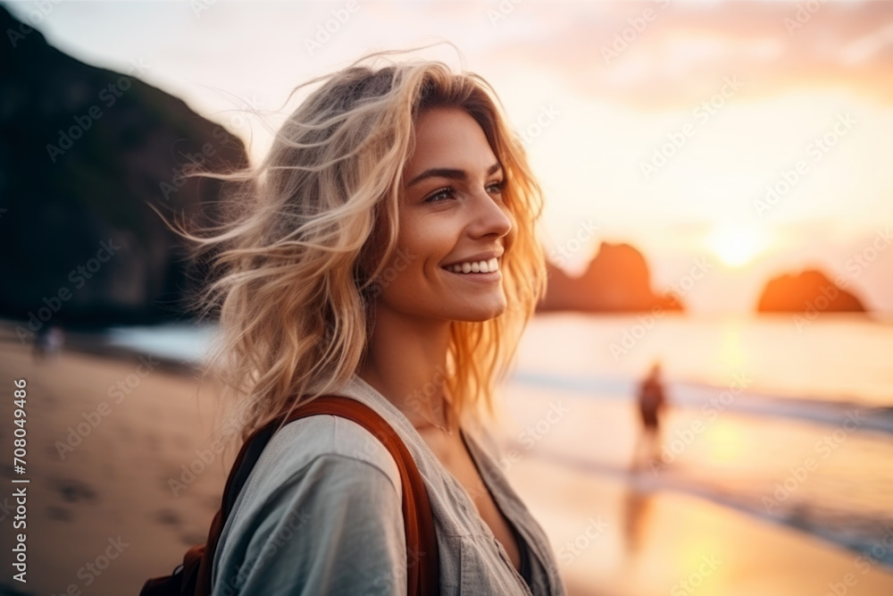 Smiling young blonde woman enjoying a beach sunset. Smiling young blonde woman enjoying a beach sunset.