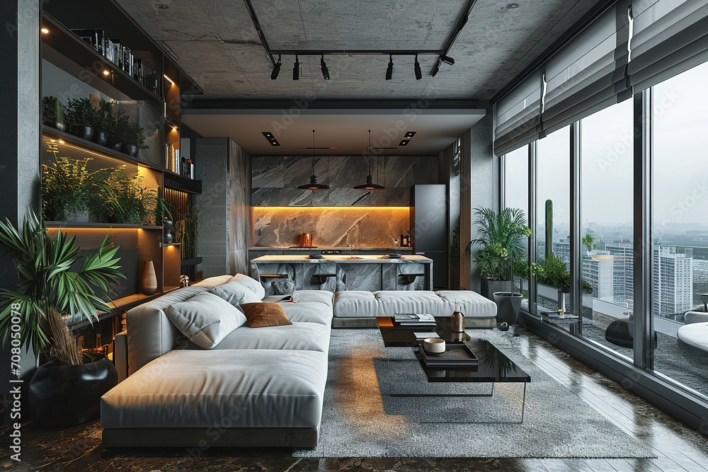 Picture of Modern penthouse's combined living room and kitchen with a stylish ...