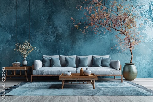 Moderno salon visto de frente con sofa y estaterias de madera, tonos azulados . Ilustracion de Ia generativa photo