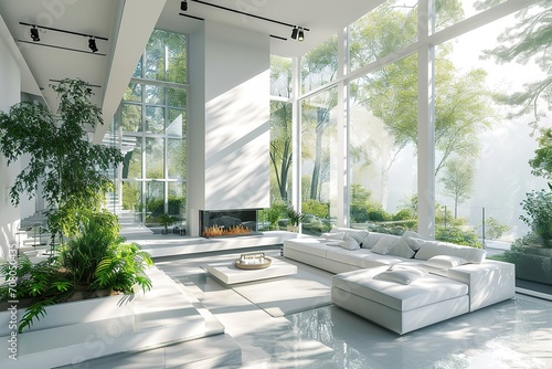 Modern white interior design with fireplace and beautiful backyard view 3D Rendering, 3D Illustration © interior