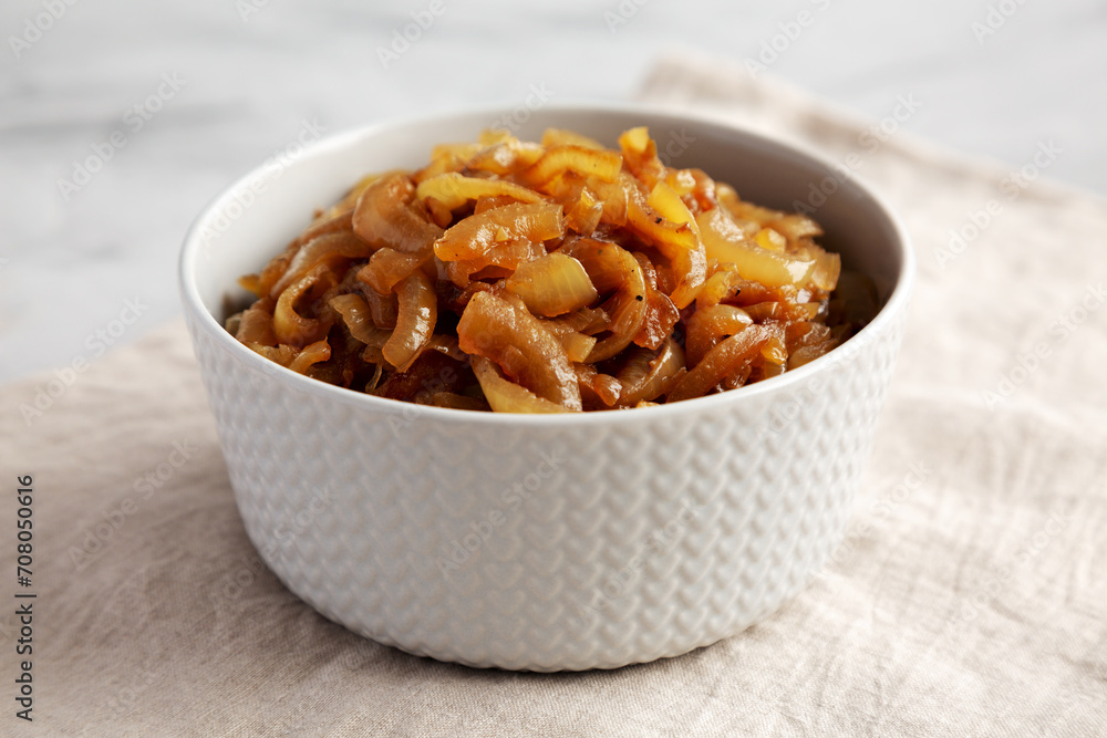 Organic Caramelized Onions in a Bowl, side view. Organic Caramelized Onions in a Bowl, side view.