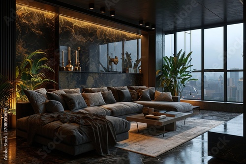 Moody luxurious penthouse loft living room interior with minimal modern designer styled furnitureMade