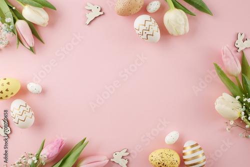 Decorate for a joyous Easter. Top view composition of colorful eggs, fresh tulips, cute easter bunnies on light pink background with ad panel photo
