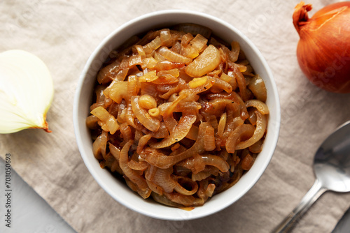 Organic Caramelized Onions in a Bowl, top view. Flat lay, overhead, from above.