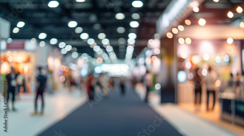 A bustling trade show floor with exhibitor booths, business conference, blurred background, with copy space