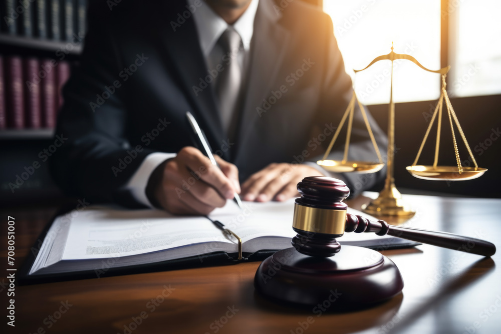 Lawyer working on legal documents with gavel and scales of justice. Lawyer working on legal documents with gavel and scales of justice.