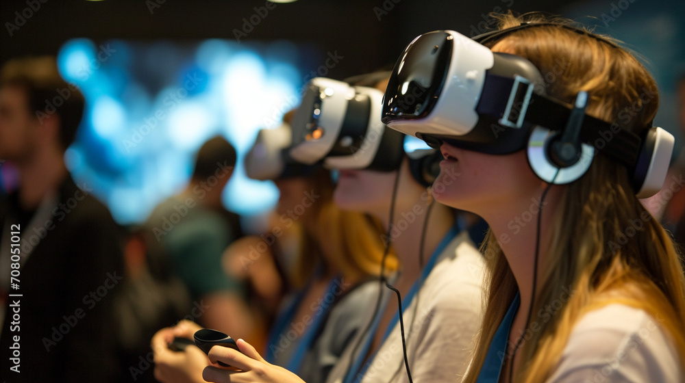 Attendees using virtual reality headsets at a tech demonstration, business conference, blurred background, with copy space Attendees using virtual reality headsets at a tech demonstration, business conference, blurred background, with copy space