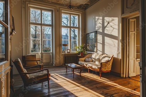 Panorama Blick in eine minimalistische Altbau Wohnung - panorama view in a living room in an old building